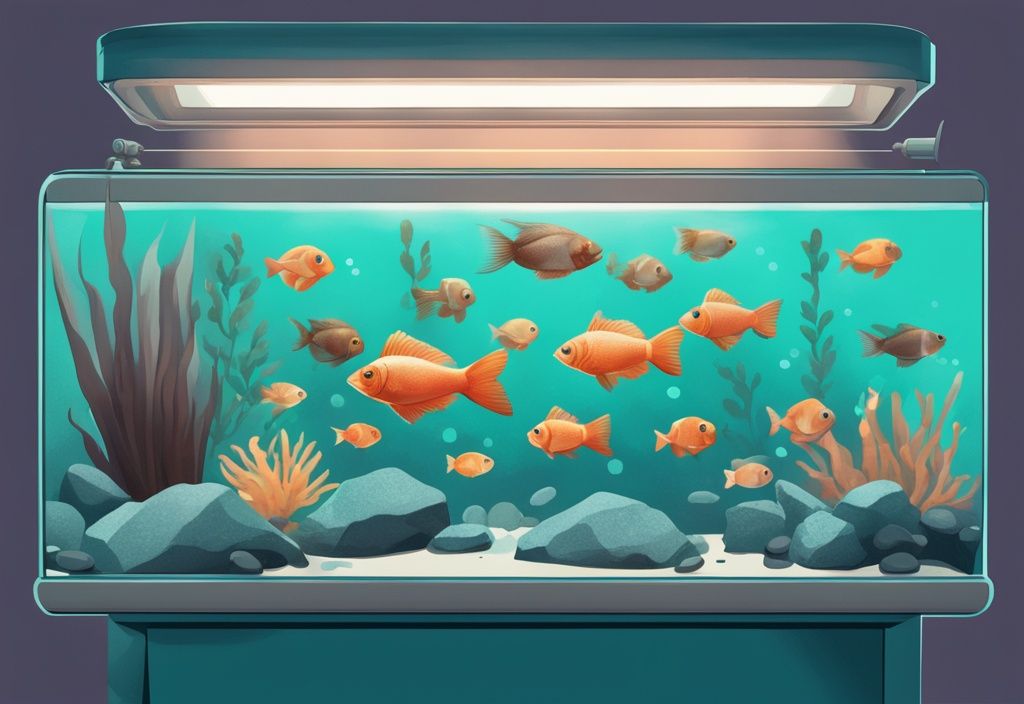 Modern digital painting illustration featuring teal-themed fish tank gravel cleaners with scorecards displaying ratings and reviews; best fish tank gravel cleaner review.