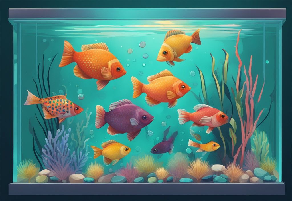 Modern digital painting of a 5-gallon fish tank with colorful fish, showcasing ideal fish capacity for optimal aquarium care, teal color theme.