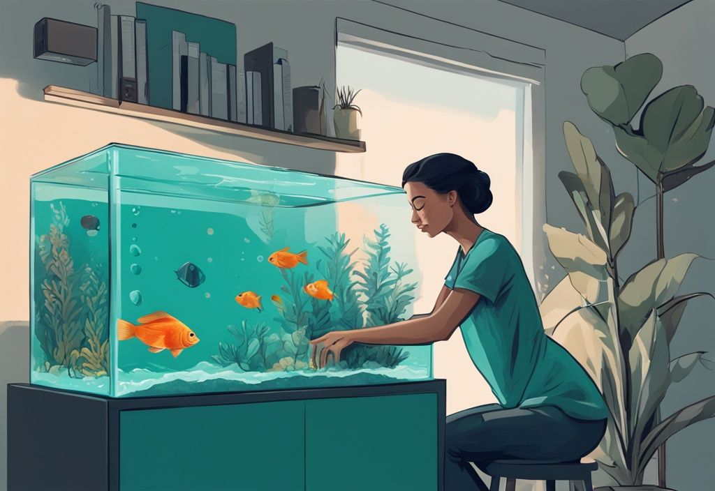 Modern digital painting of a person setting up a teal-themed fish tank with water, plants, heater, and fish.