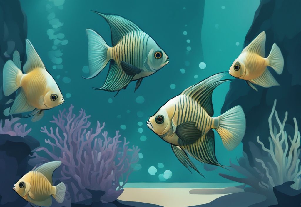 Modern digital painting of a teal-themed aquascaped aquarium with Angel fish, guppies, corydoras, and dwarf cichlids cohabitating peacefully.