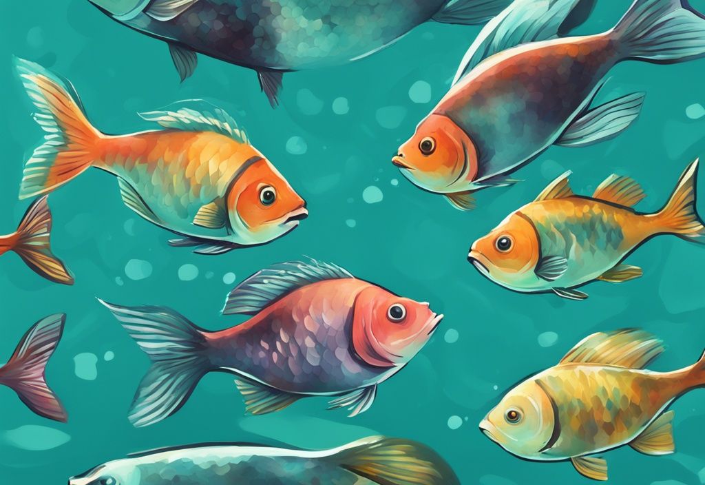 Digital painting of colorful small fish suitable for a 3-gallon aquarium, showcasing what fish for 3 gallon tank in a teal-themed aquatic environment.