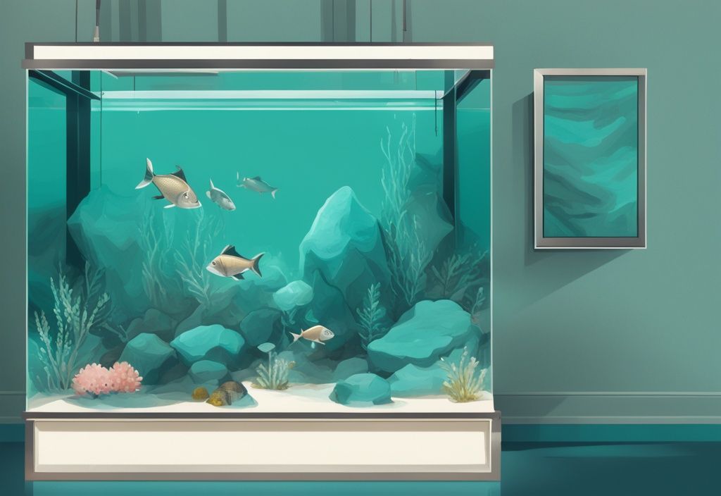 Modern digital painting of a scenic fish tank with teal hues, highlighting clusters of white spots on fish tank glass.