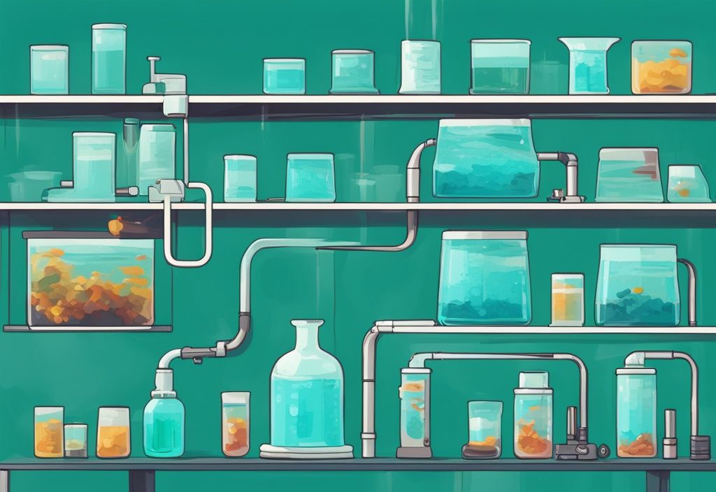 Modern digital painting illustration depicting steps and items for how to lower GH in aquarium, featuring teal-themed elements like distilled water, water conditioner, and test kits.