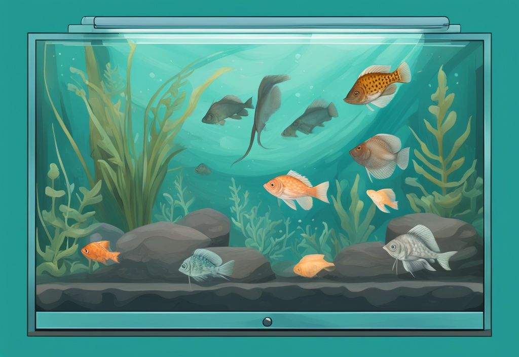 Digital painting of a clean aquarium featuring tank cleaning fish species like Plecos, Cory Catfish, and Snails with teal color theme.