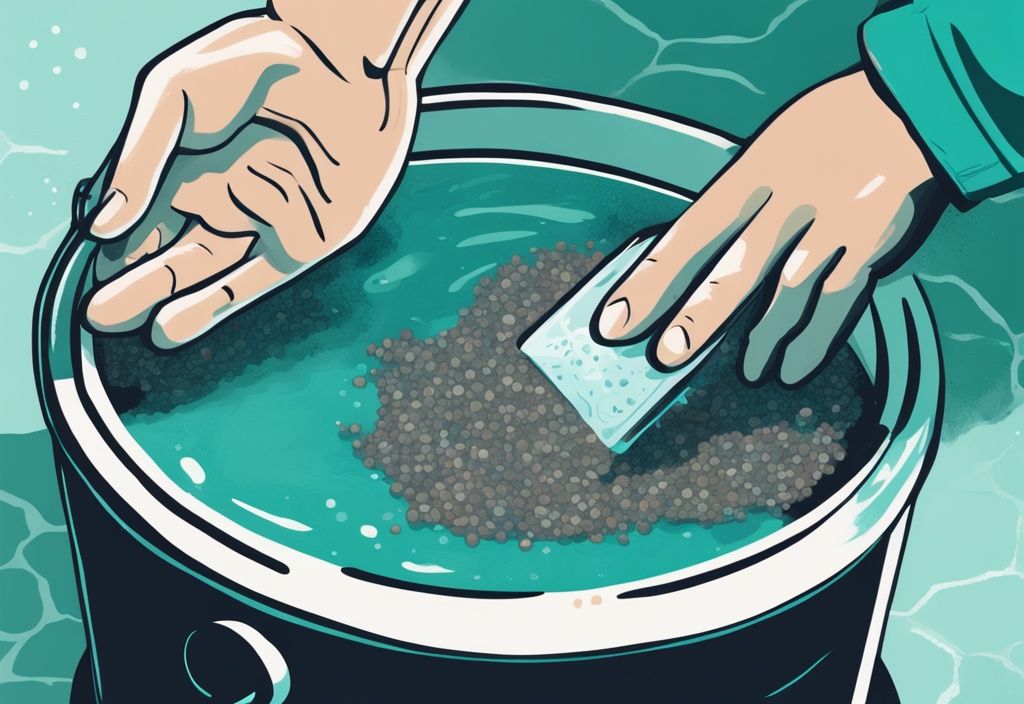 Modern digital painting of hands in cleaning gloves submerging aquarium gravel sifter into water, teal theme.