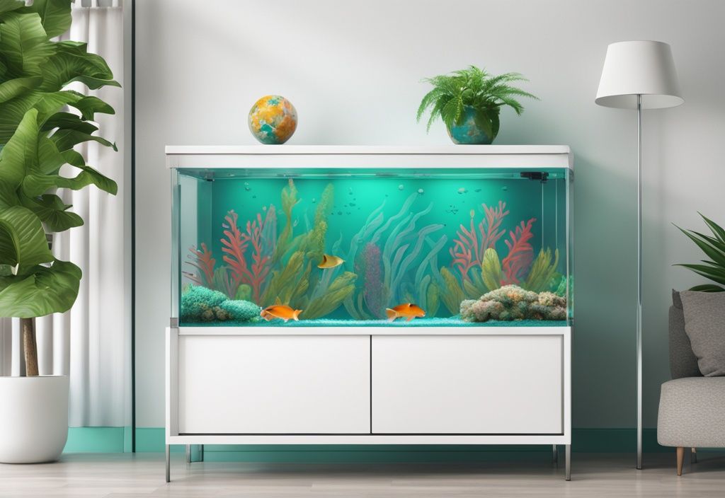 Modern digital painting of a fish tank showcasing biofilm in fish tank on glass walls, surrounded by colorful tropical fish and vibrant green plants with a teal color theme.