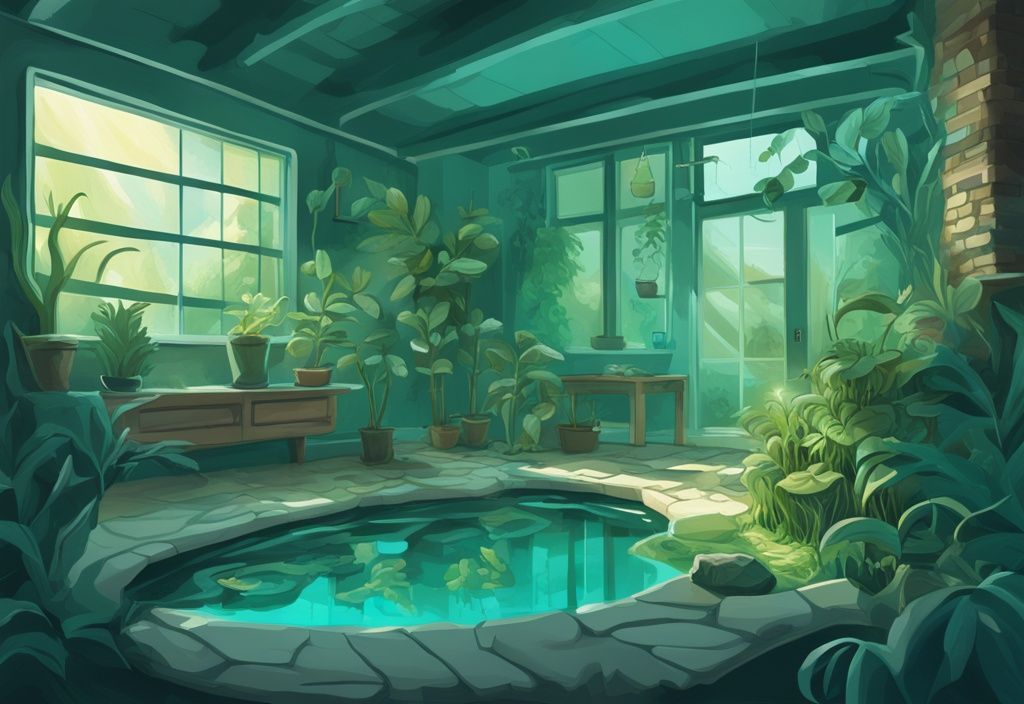 Modern digital painting of house plants in aquarium with teal theme, featuring verdant plants and a stone pathway illuminated by sunbeam.