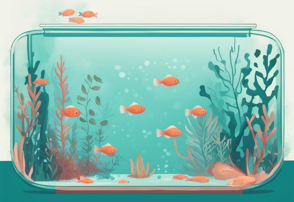 Digital painting of a teal-themed aquarium with beginner-friendly fish swimming in a decorative tank.