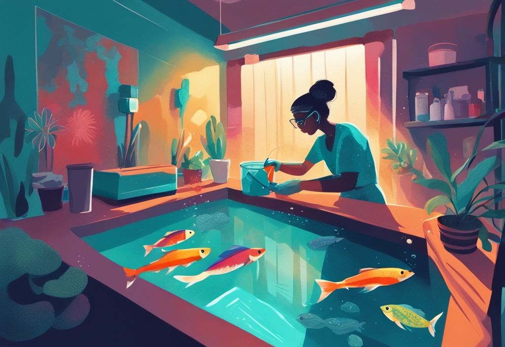 Modern digital painting of a person cleaning a fish tank with tools like a scrubber and fishnet, demonstrating how to clean a fish tank while fish swim in a separate container.