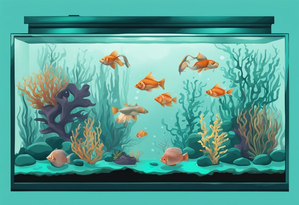 Modern digital painting featuring 25 unique fish tank decorations in teal, showcasing whimsical sea-themed ornaments and artistic underwater landscapes.