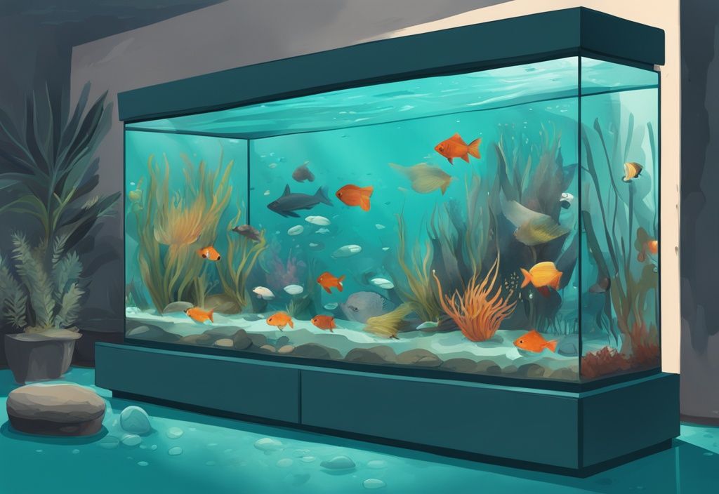 Underwater panorama with colorful cold water aquarium fish swimming among aquatic plants and pebbly flooring in a teal-themed digital painting illustration.