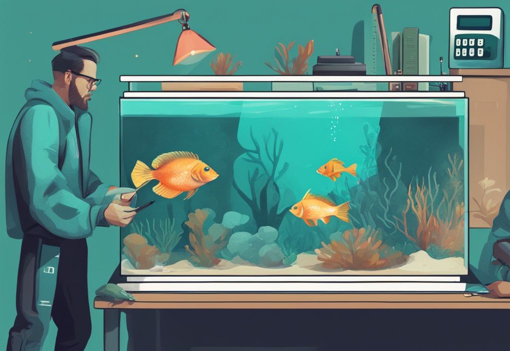 Digital painting of person measuring fish tank dimensions with teal theme, calculator, and gallon conversion chart nearby.