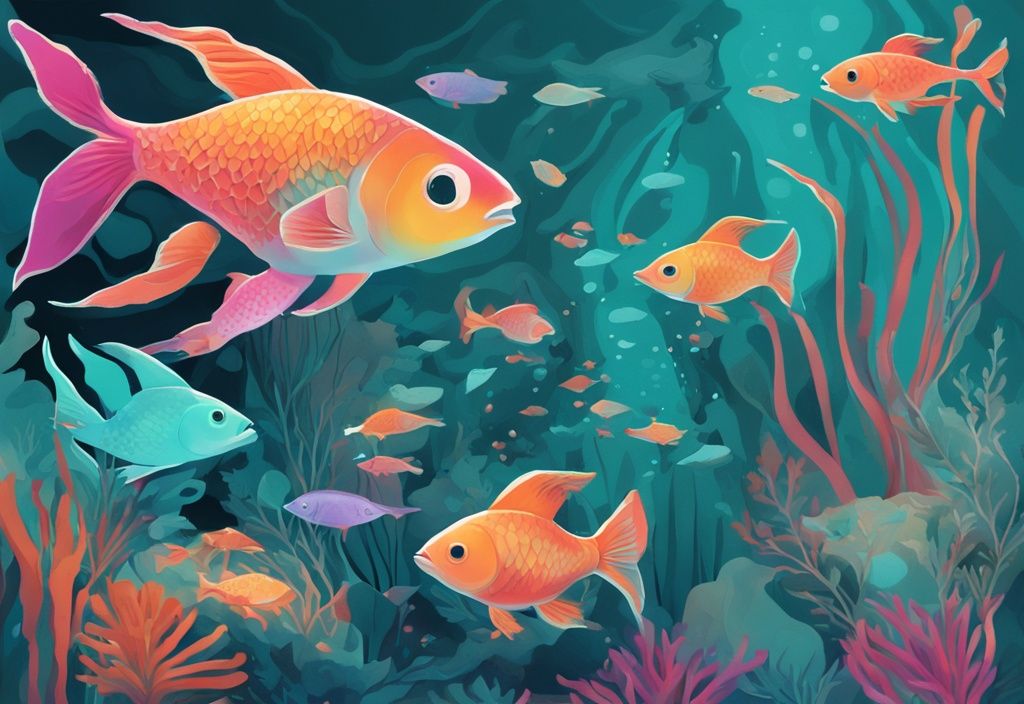 Modern digital painting of colorful fishes in a teal-themed aquarium.