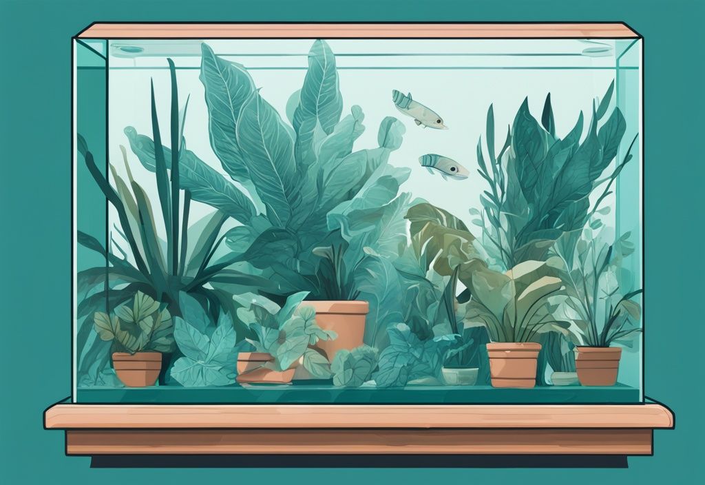 Modern digital painting of house plants in a teal-themed glass aquarium.