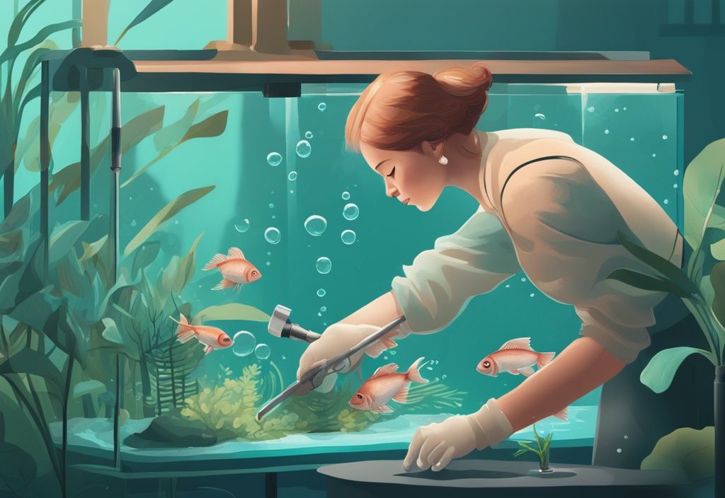 Modern digital painting of a person demonstrating how to get rid of bubbles on top of fish tank, featuring teal hues, aquatic plants, and lively fish.