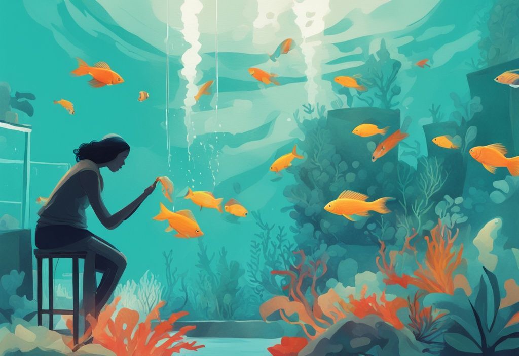 Modern digital painting illustrating how to lower pH in aquarium, featuring a person adding a pH lowering substance to a vibrant tropical fish tank with a teal color theme.