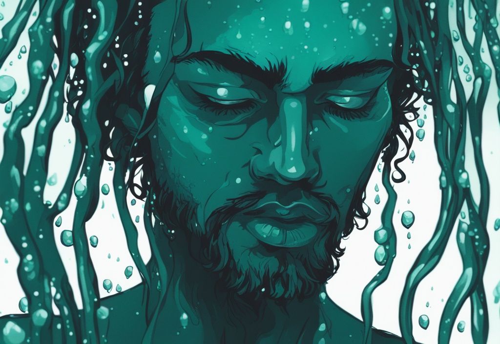 Close-up view of water droplets on dark strands of Black beard algae under soft light, with a modern digital painting style in teal.