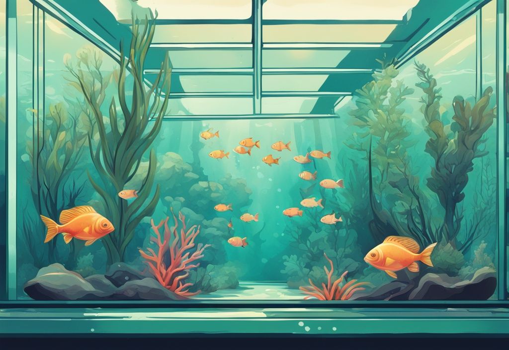 Modern digital painting of a teal-themed underwater fish tank scene featuring vibrant fish and the best aquarium plants.