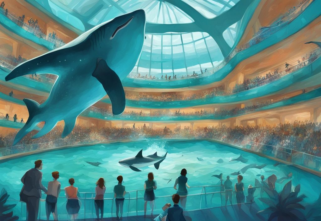 Modern digital painting of the Georgia Aquarium, showcasing a whale shark and diverse aquatic life, answering the question of what is the biggest aquarium in the world.