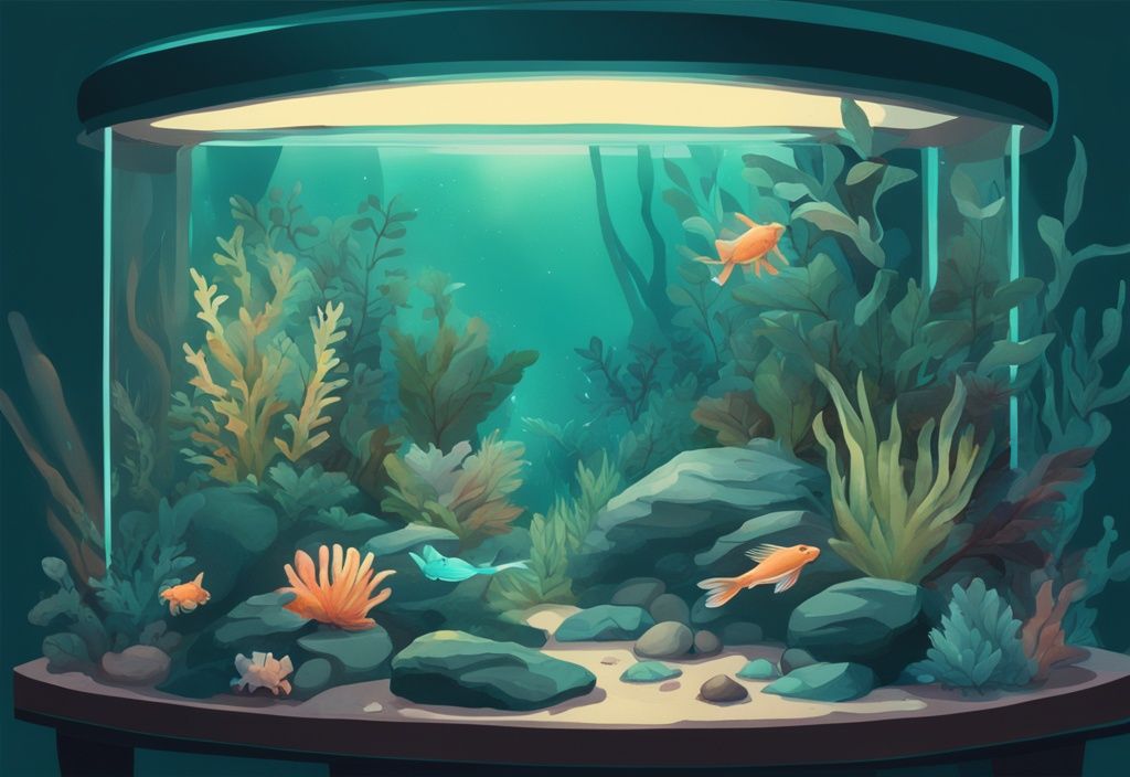 Modern digital painting of an illuminated aquarium featuring low light aquarium plants among rocks and aquatic creatures in a teal color theme.