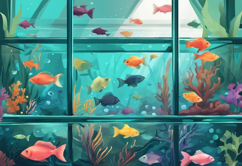 Modern digital painting of a teal-themed aquarium scene showcasing a variety of colorful fish species, illustrating the concept of how many fish in a fish tank.