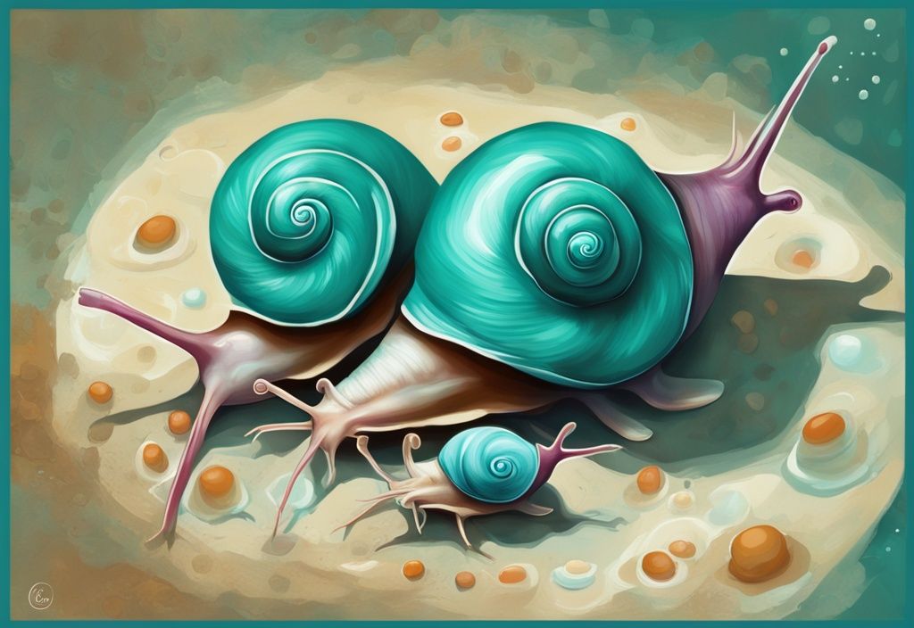 Modern digital painting of aquarium snails mating, illustrating how do aquarium snails reproduce, with teal color theme and cluster of tiny eggs nearby.