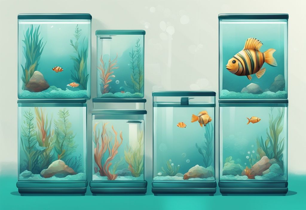 Modern digital painting of seven 5-gallon fish tanks with unique aquatic decorations in a teal-themed, well-lit display.