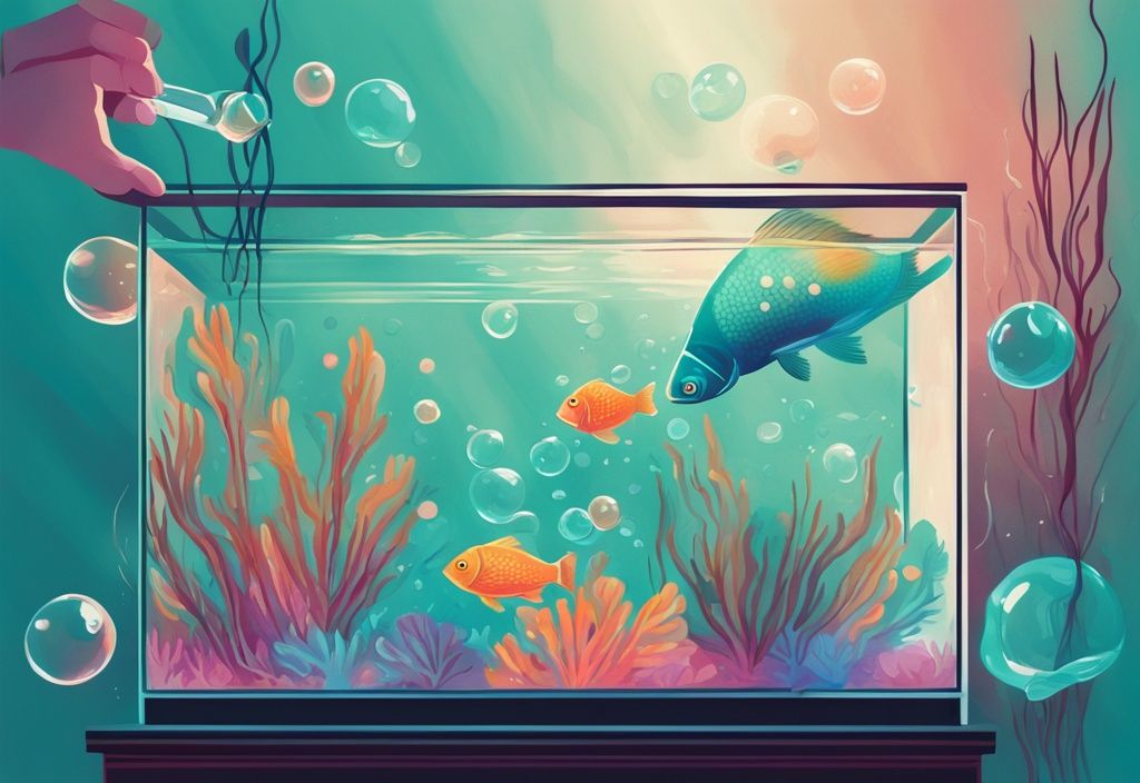 Modern digital painting of hands using net to remove bubbles from colorful fish tank, teal theme