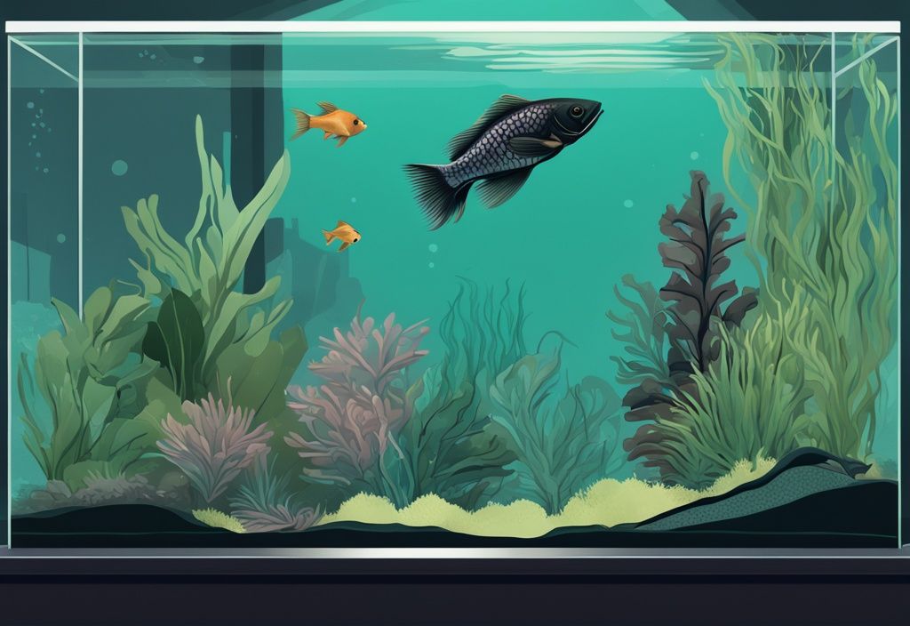 Modern digital painting of a teal-themed indoor fish tank with aquatic plants, cleaned by a hobbyist removing black beard algae.