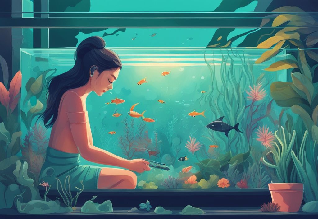 Modern digital painting of hands arranging aquatic plants in a teal-themed fish tank with aquarium tools.