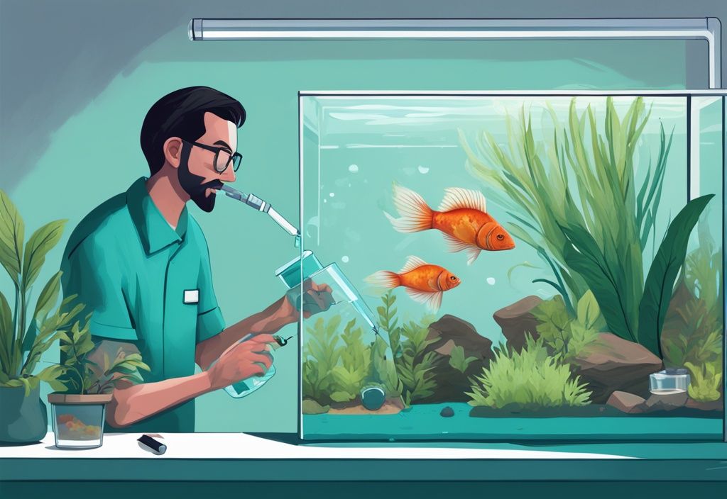 Illustration of a fish tank owner demonstrating how to lower nitrites in a fish tank by performing a partial water change, using a nitrite test kit, and adding live plants, with a teal color theme.