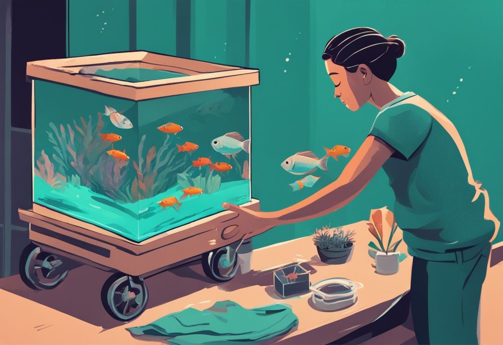 Modern digital painting of a person demonstrating how to move a fish tank, carefully lifting a small, water-filled aquarium with fish from a table to a moving cart, with a teal color theme.