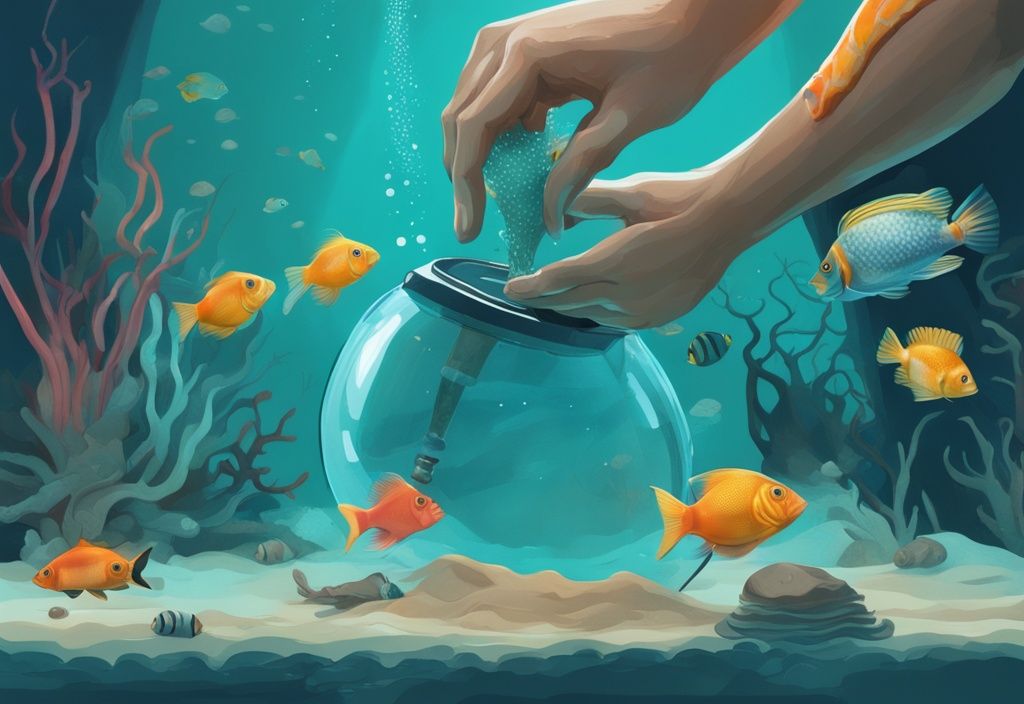 Modern digital painting of a diver's gloved hand using a siphon to clean aquarium sand, featuring tropical fish and a teal color theme.