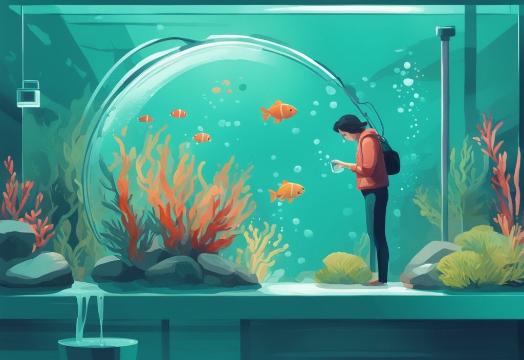 Digital painting of fish in a teal-themed aquarium with person testing water GH level using test kit.