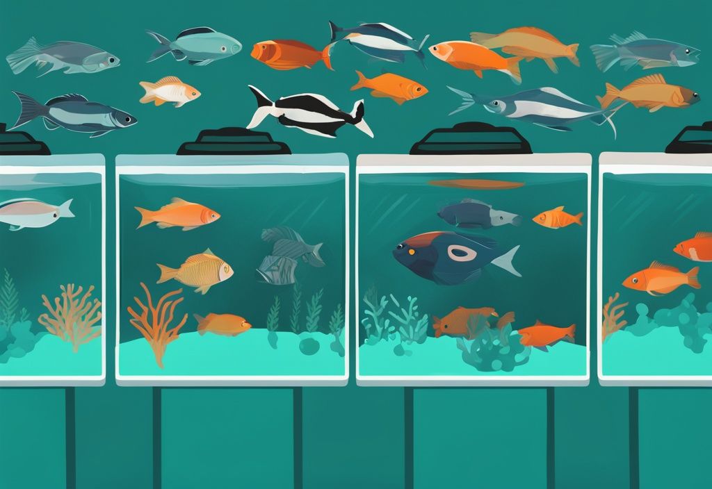 Modern digital painting of a 10-gallon fish tank with teal theme, showcasing diverse fish species from side view.