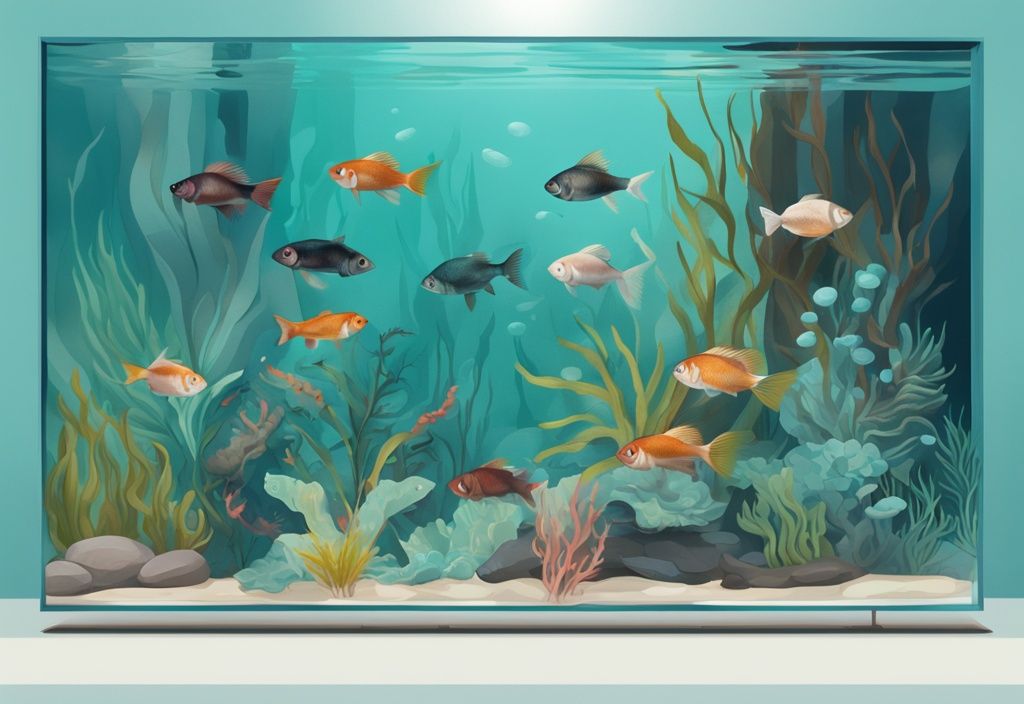 Modern digital painting of colorful cold water aquarium fish in a teal-themed underwater panorama with aquatic plants and pebbly flooring.