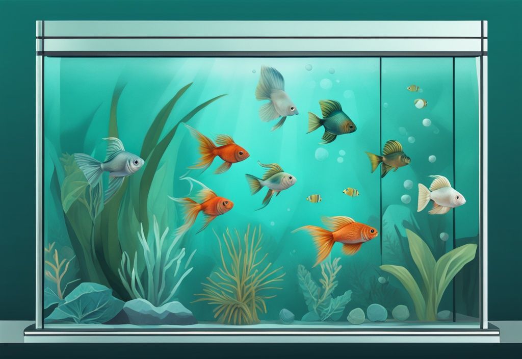 Modern digital painting of a teal-themed aquarium with Betta fish, Guppies, and Tetras in a 3-gallon tank.