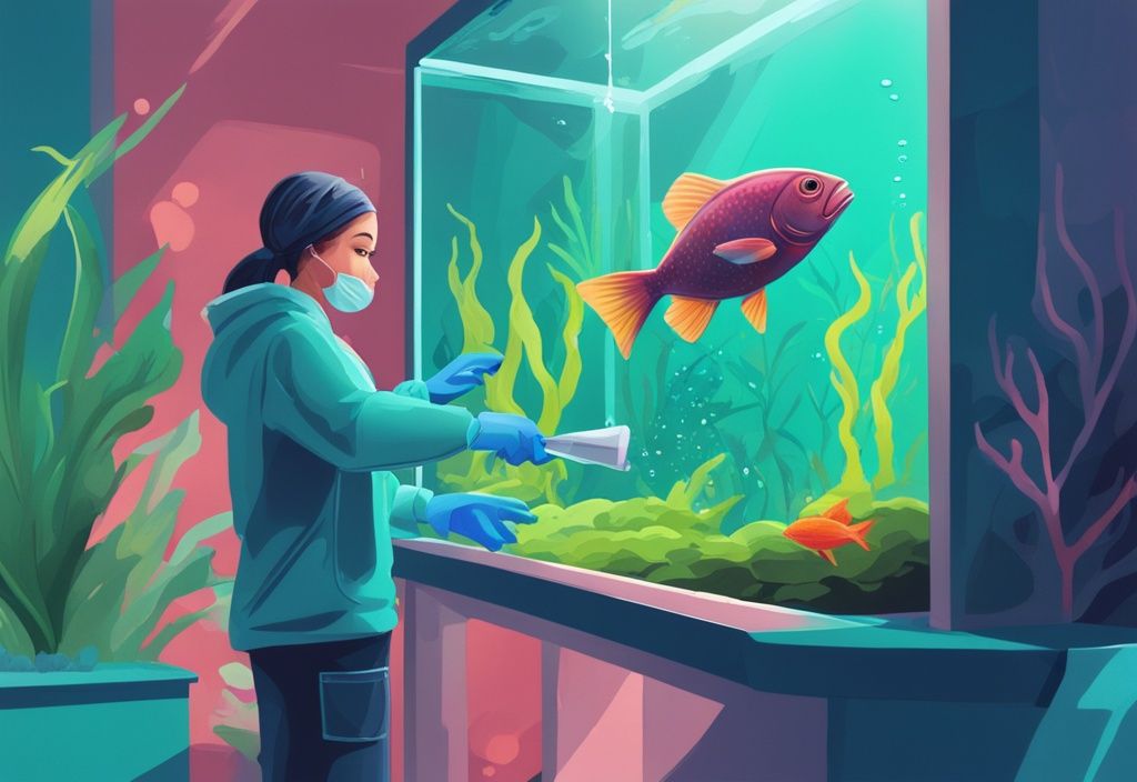 Modern digital painting of a gloved hand using an algae scraper to clean a vibrant teal-themed aquarium.