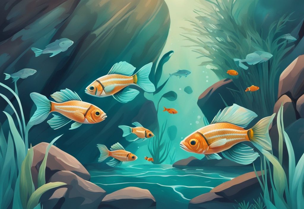 Modern digital painting of vibrant cold water aquarium fish in teal-themed aquatic setting with rocks and plants.