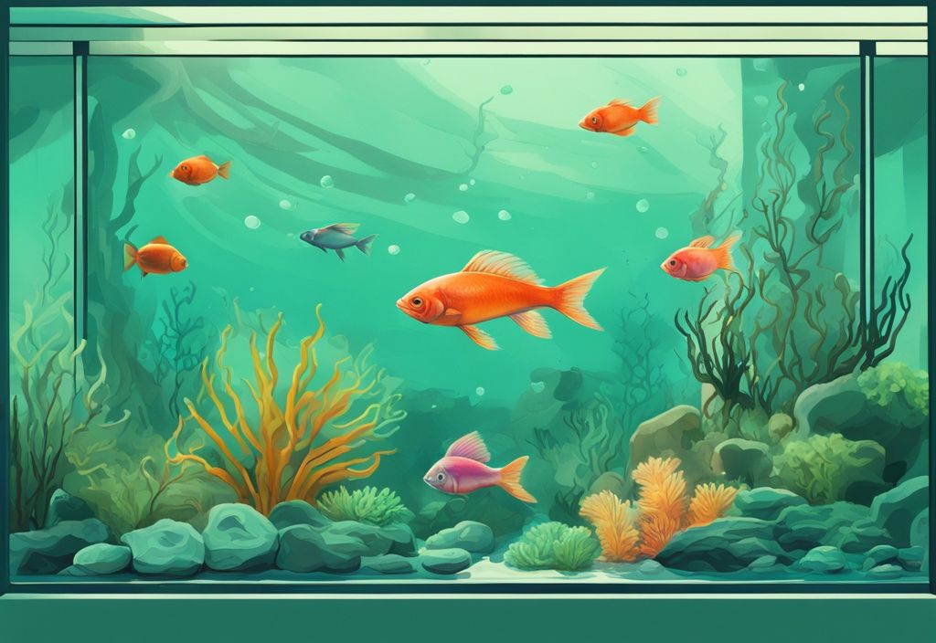 Modern digital painting of a teal-themed fish tank with exotic fish and green-tinted water due to algae bloom.