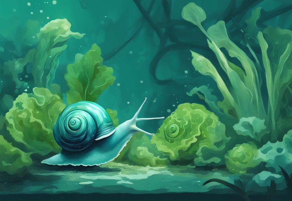 Modern digital painting of an aquarium snail eating green vegetables and algae, highlighting what do aquarium snails eat in a teal-themed watery ambiance.