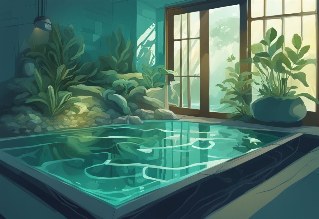 Modern digital painting of house plants in aquarium with teal theme, featuring verdant foliage, submerged roots, stone pathway, and sunbeam illumination.