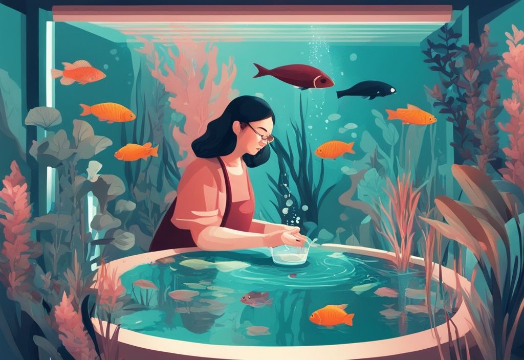 Modern digital painting of a person adding water softening solution to aquarium, illustrating how to soften aquarium water with vibrant fish and aquatic plants in a teal color theme.