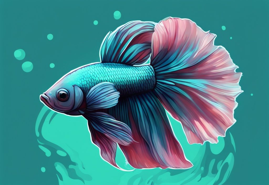 Modern digital painting of a teal-themed Betta fish near water surface in a colorful fish tank.