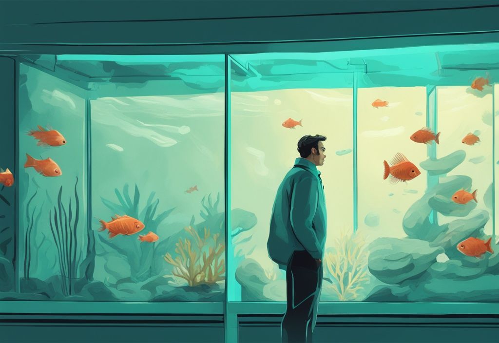 Modern digital painting of a teal-themed cloudy fish tank with fish and a concerned aquarium owner analyzing it.