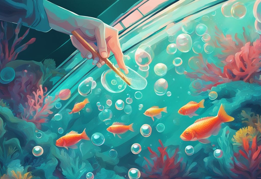 Modern digital painting of hands using a net to remove bubbles from a teal-themed fish tank.