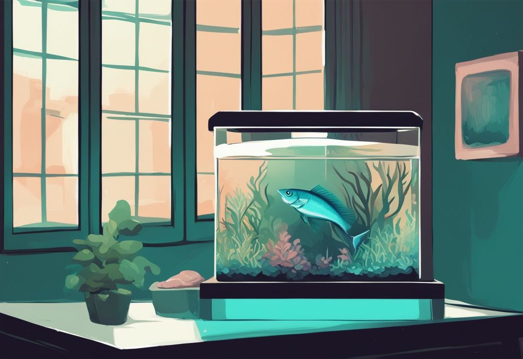 Modern digital painting of a teal-themed fish tank on a scale, illustrating how much does a fish tank weigh with a digital display.