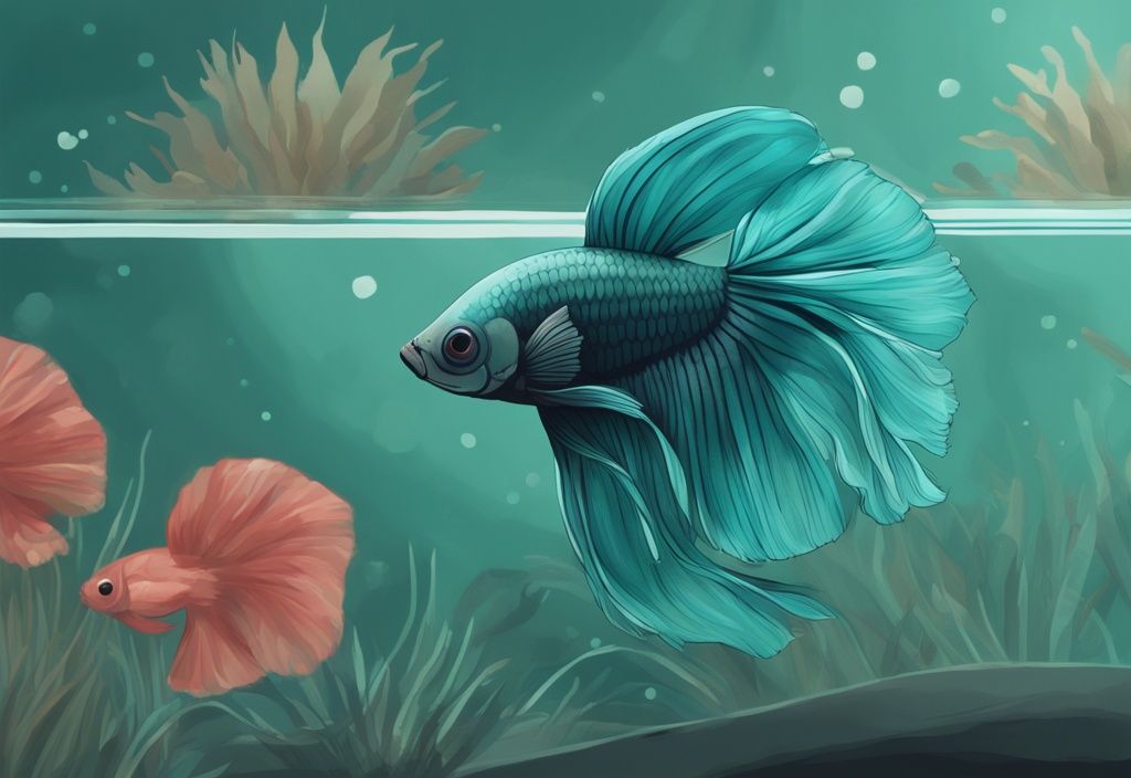 Teal-themed digital painting of a sickly betta fish at the bottom of a decorated aquarium.