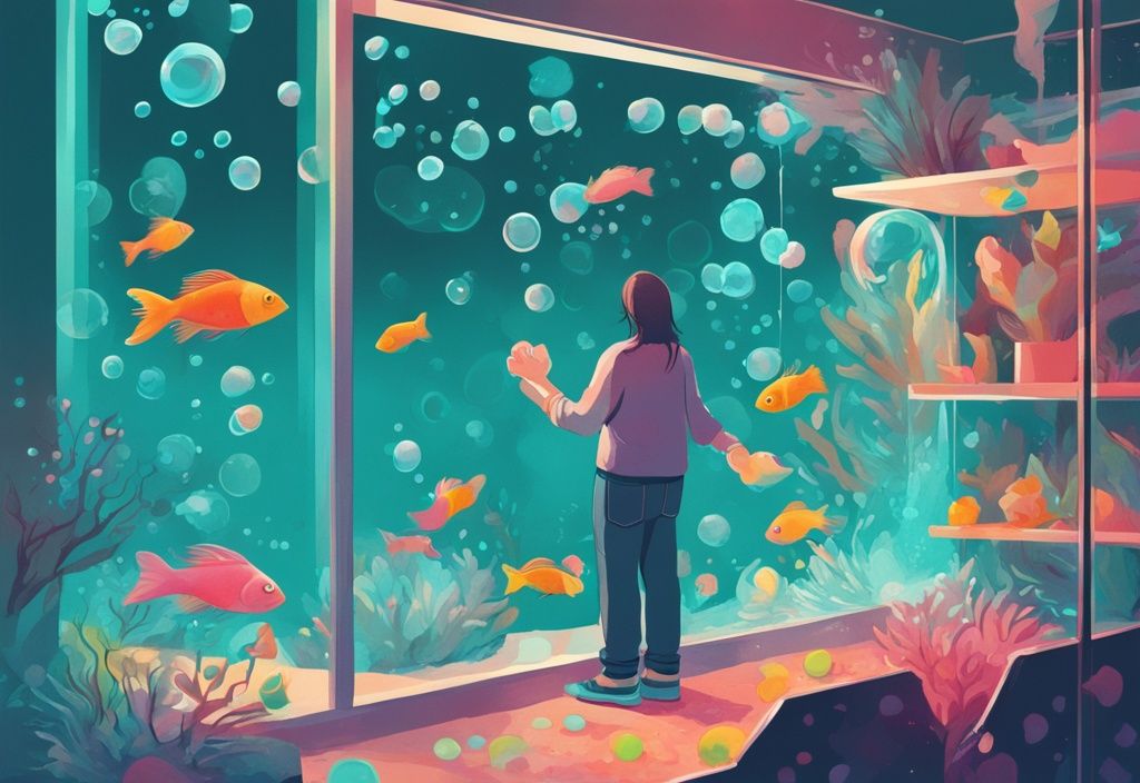 Modern digital painting of person adding oxygen tablets to teal-themed fish tank with bubbles and swimming fish.