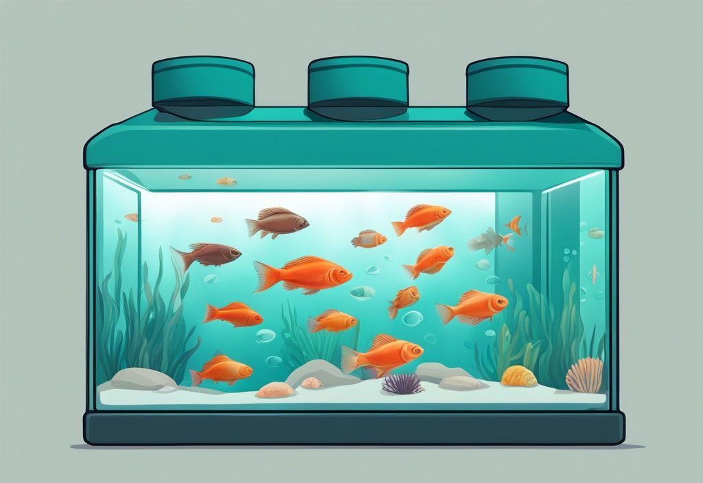 Digital painting of a 10-gallon fish tank with diverse fish in teal color theme, side view.